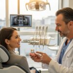 Smiling patient consulting with a dentist about mini dental implants in a modern dental clinic