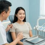 Smiling patient consulting with dentist about dental implants in a welcoming dental clinic