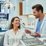 Smiling patient in a dental clinic with a professional, highlighting dental implants