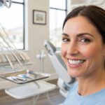 Smiling patient with dental implants in a bright dental office, showcasing comfort and confidence