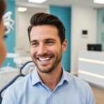 Smiling patient with dental implants in a modern dental clinic