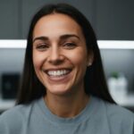 Smiling patient with dental implants in a modern dental office, showcasing confidence and satisfaction