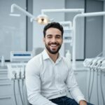 Smiling patient with dental implants in a modern dental office, showcasing restored confidence and aesthetic appeal