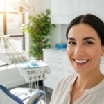 Smiling person with dental implants in a bright dental office