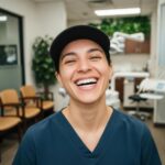 Smiling person with dental implants in a bright dental office