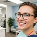 Smiling person with dental implants in a bright dental office, showcasing confidence and aesthetic appeal