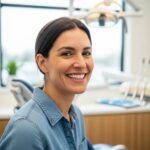 Smiling person with dental implants in a bright dental office, showcasing confidence and satisfaction