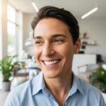 Smiling person with dental implants in a bright dental office, showcasing confidence and satisfaction