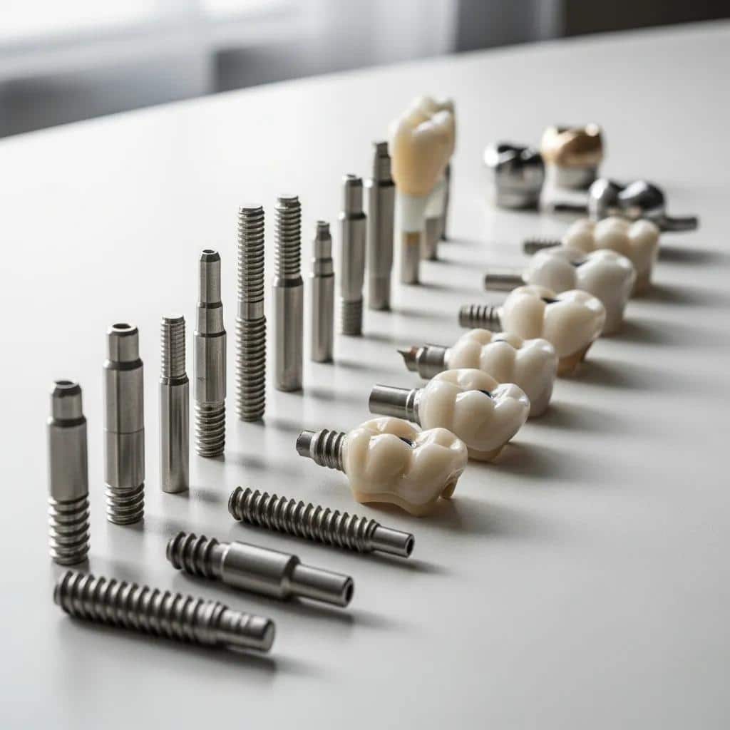 Various dental implant materials including titanium and ceramic crowns
