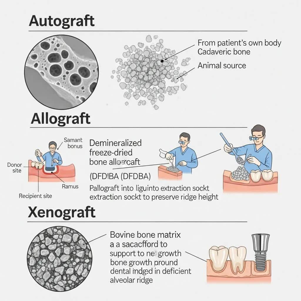 Visual representation of autografts, allografts, and xenografts used in dental procedures