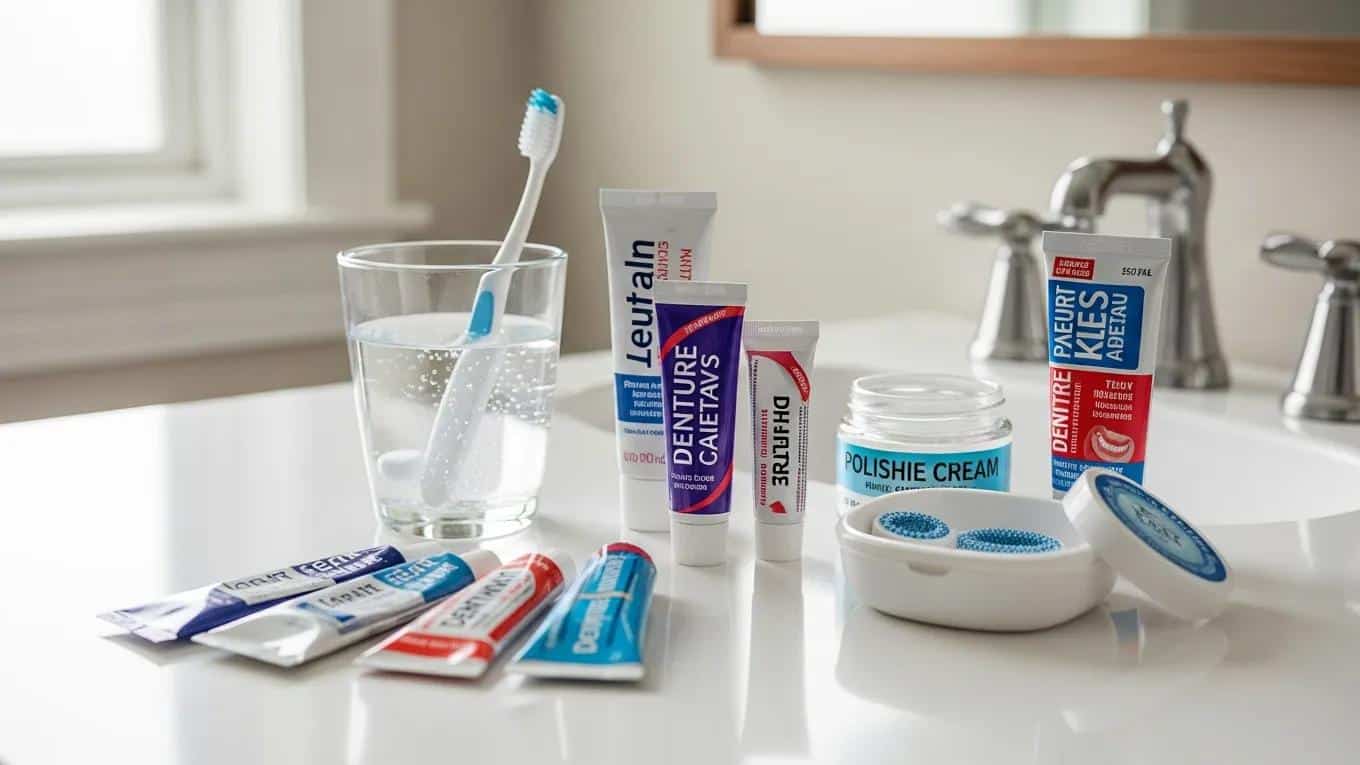 Arrangement of denture cleaning products and adhesives on a bathroom counter, showcasing dental care essentials