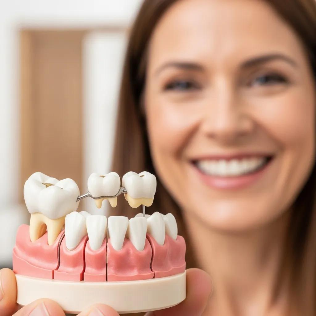 Close-up of a dental bridge model with a smiling patient