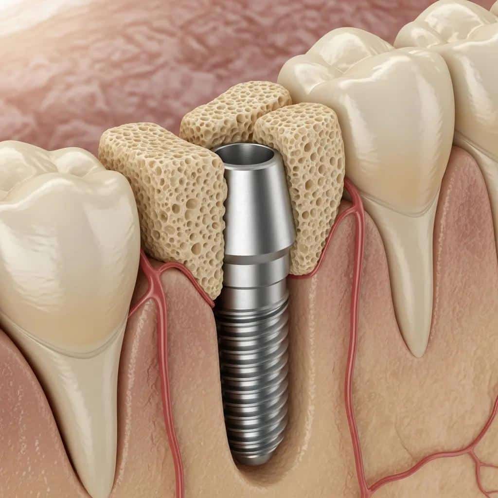 Close-up of a dental implant integrating with bone tissue during osseointegration