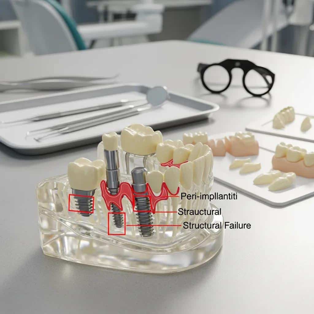 Close-up of a dental implant model highlighting complications like infection and failure in a dental office