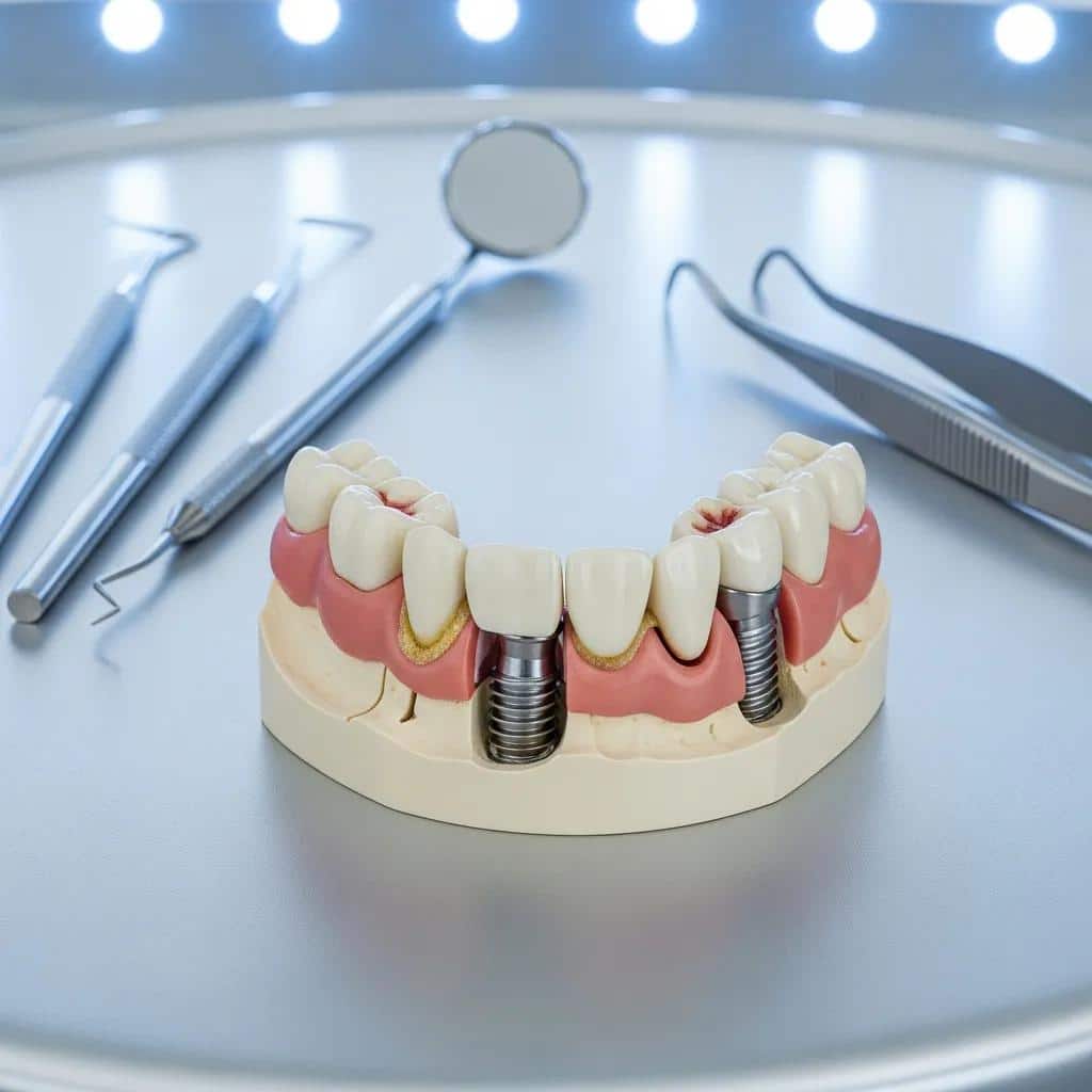 Close-up of a dental implant model illustrating potential infection areas