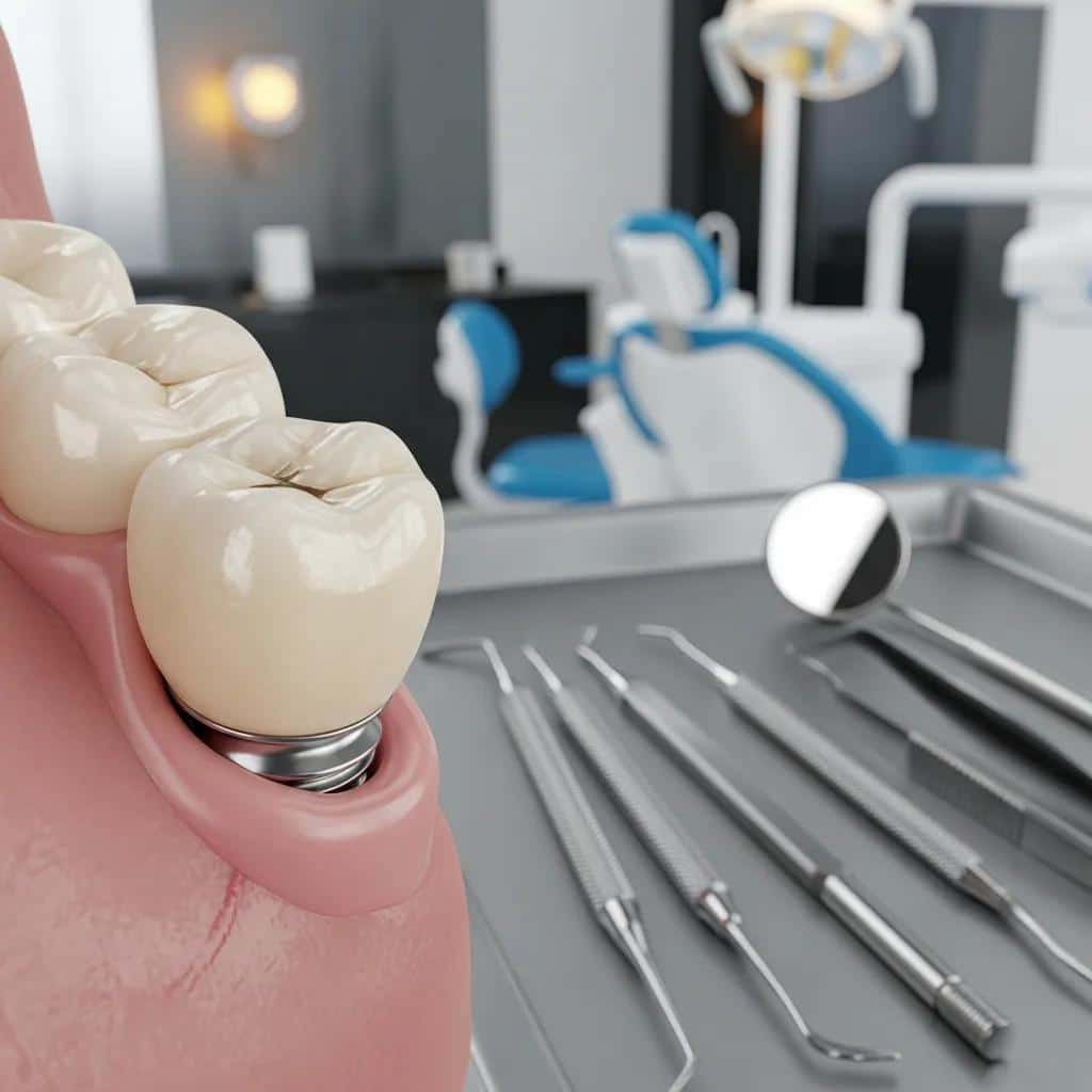 Close-up of a zirconia dental implant in a dental office, emphasizing its aesthetic qualities and suitability for patients