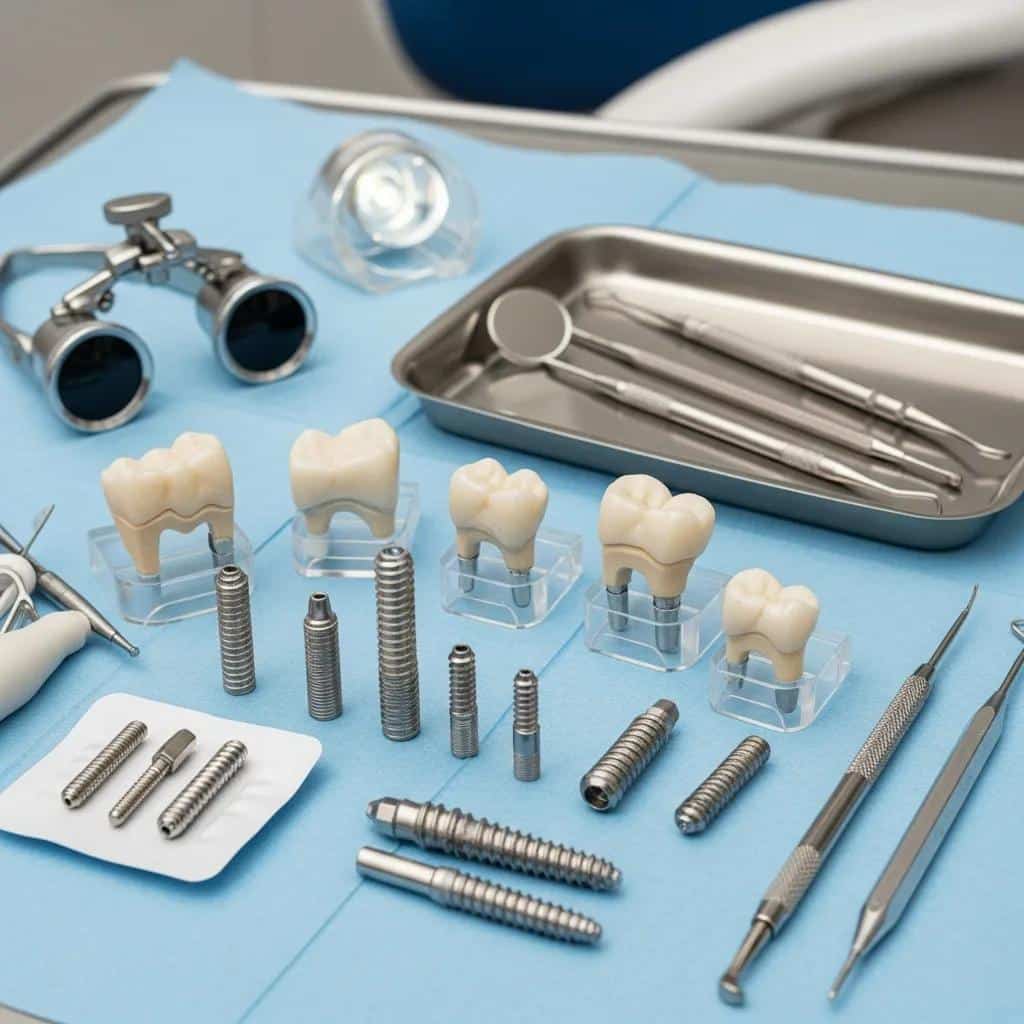 Close-up of dental materials including implants and crowns on a dental workspace