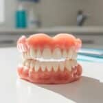 Close-up of dentures on a clean surface, emphasizing dental care and maintenance