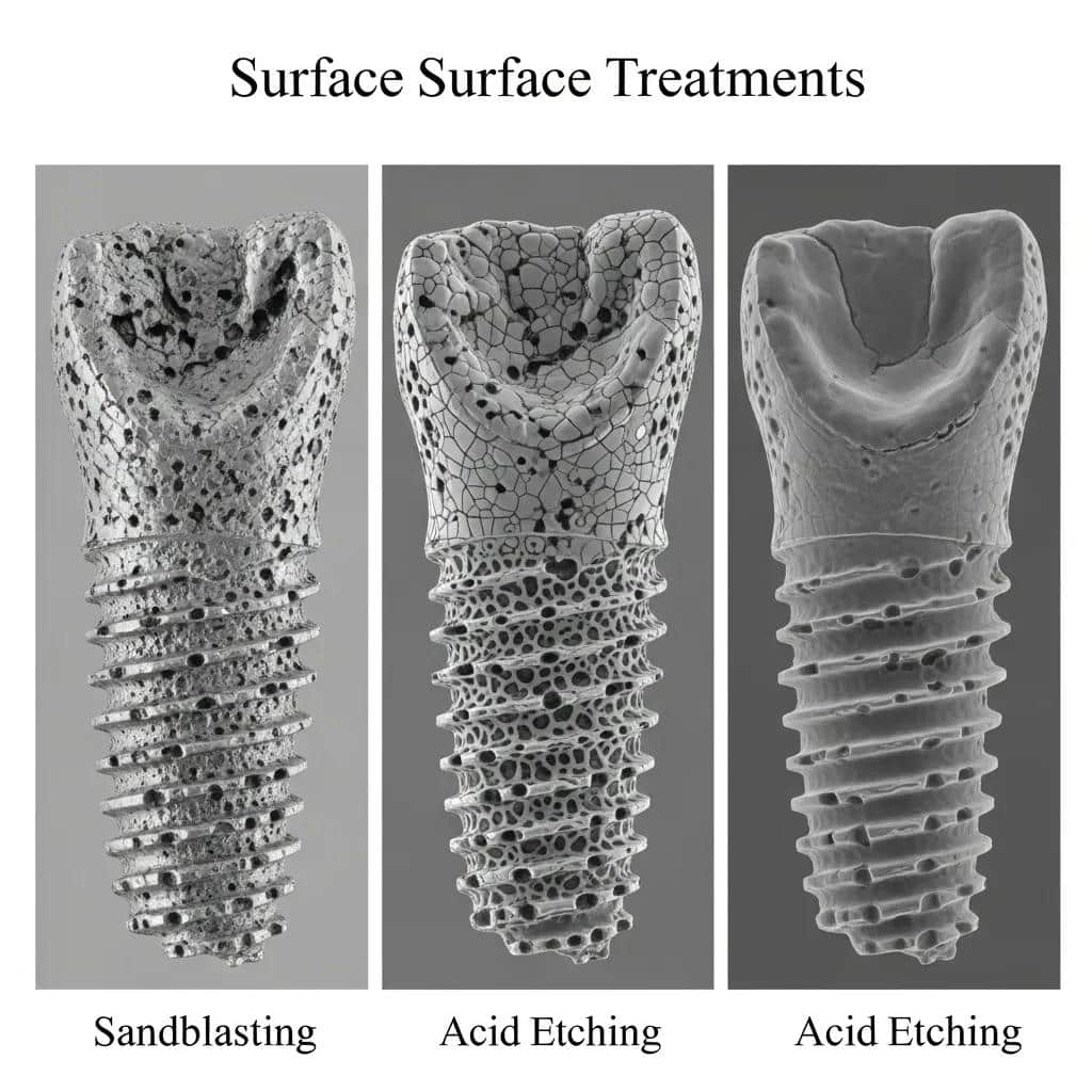Close-up views of dental implant surfaces showcasing different surface treatments for better integration