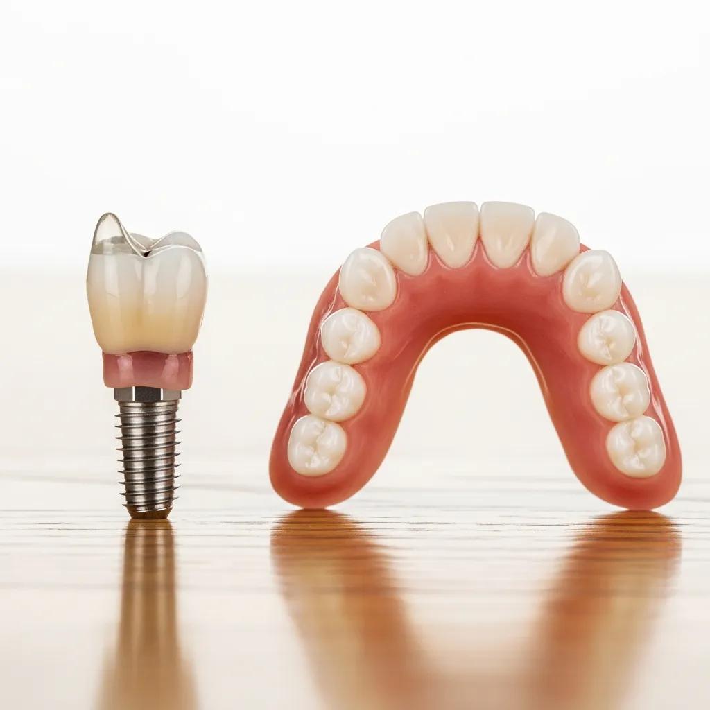 Side-by-side view of a dental implant and a denture highlighting cosmetic differences