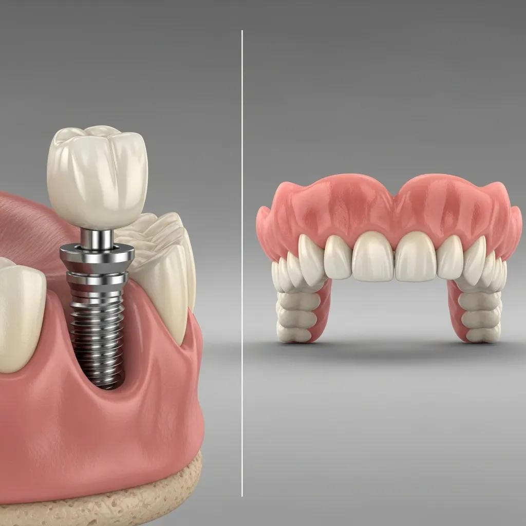 Comparison of dental implants and traditional dentures highlighting cost differences
