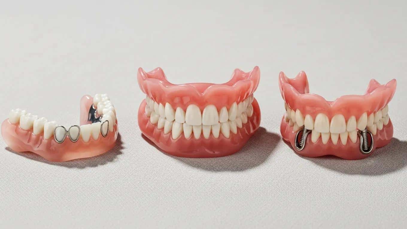 Comparison of full, partial, and implant-supported dentures displayed on a neutral background, highlighting their differences