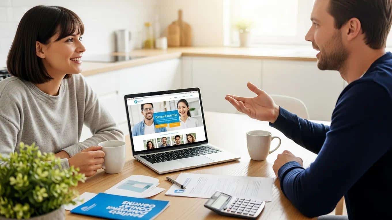 Couple discussing dental financing options at home with a laptop