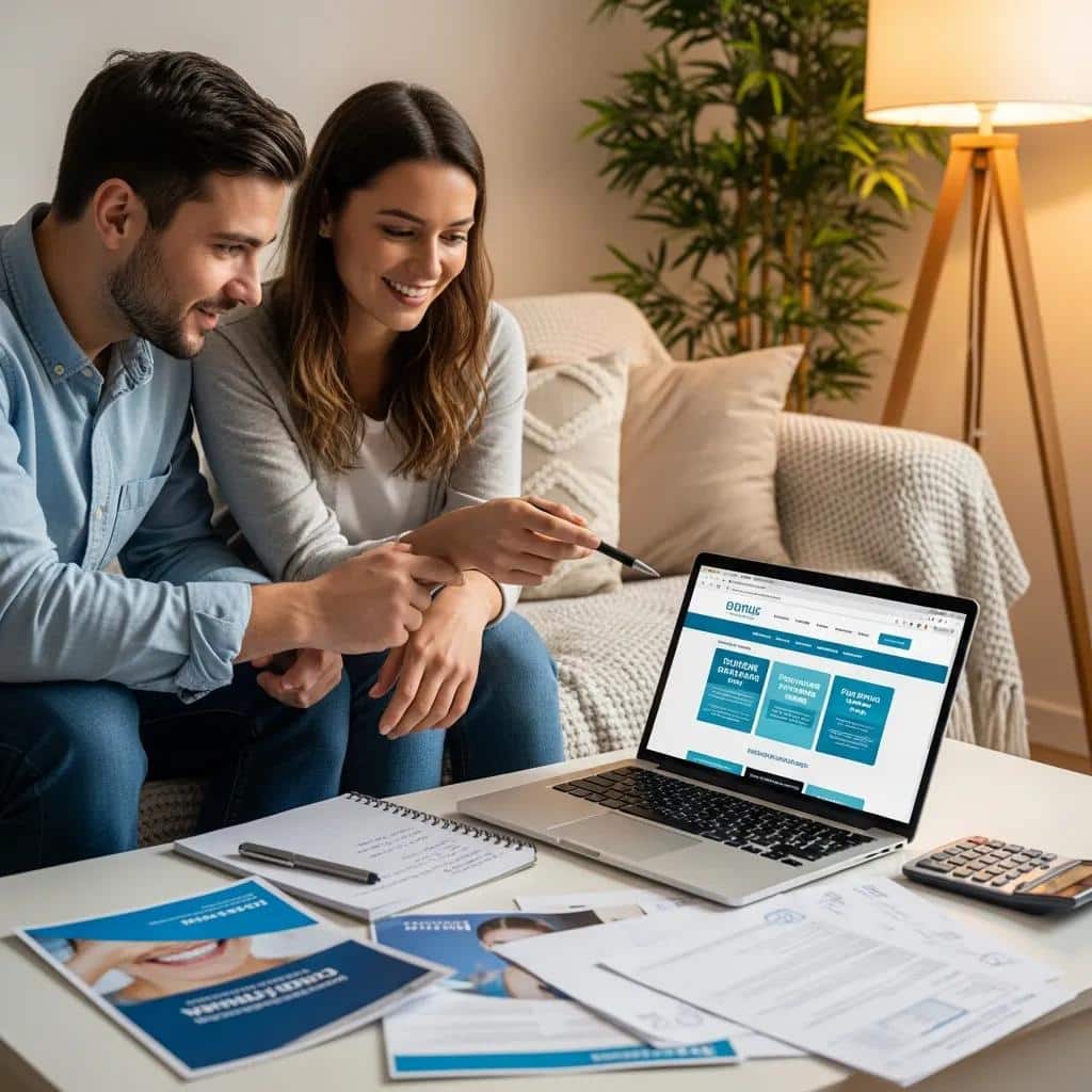 Couple discussing dental financing options at home with a laptop and paperwork