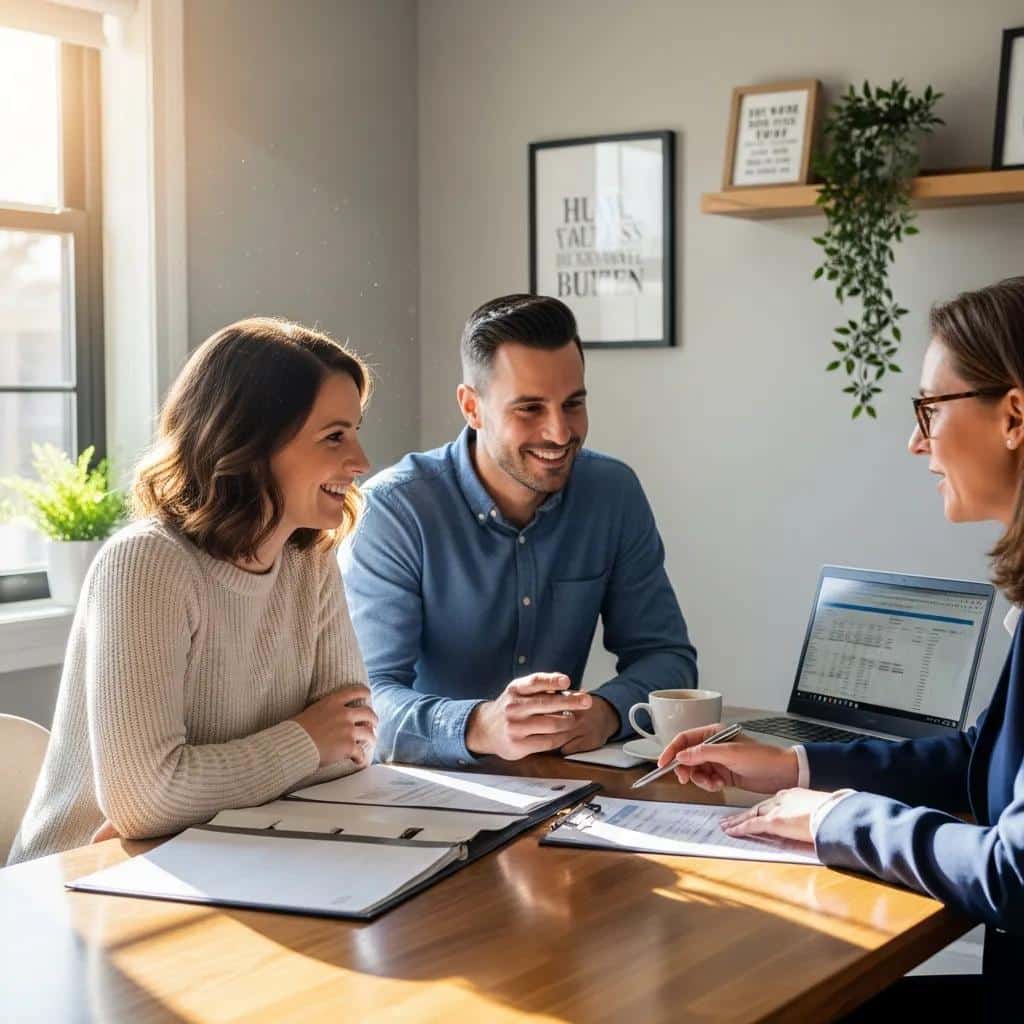 Couple discussing dental financing options with an advisor in a cozy office