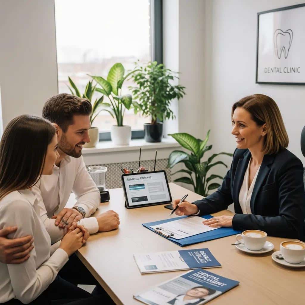 Couple discussing dental implant payment plans with a financial advisor in a welcoming office