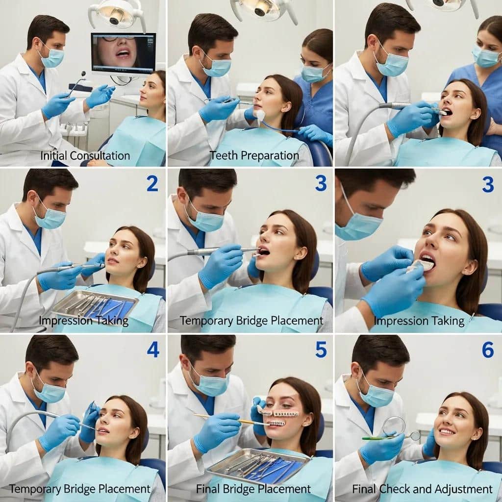 Dental bridge procedure steps, illustrating dentist-patient interaction during treatment