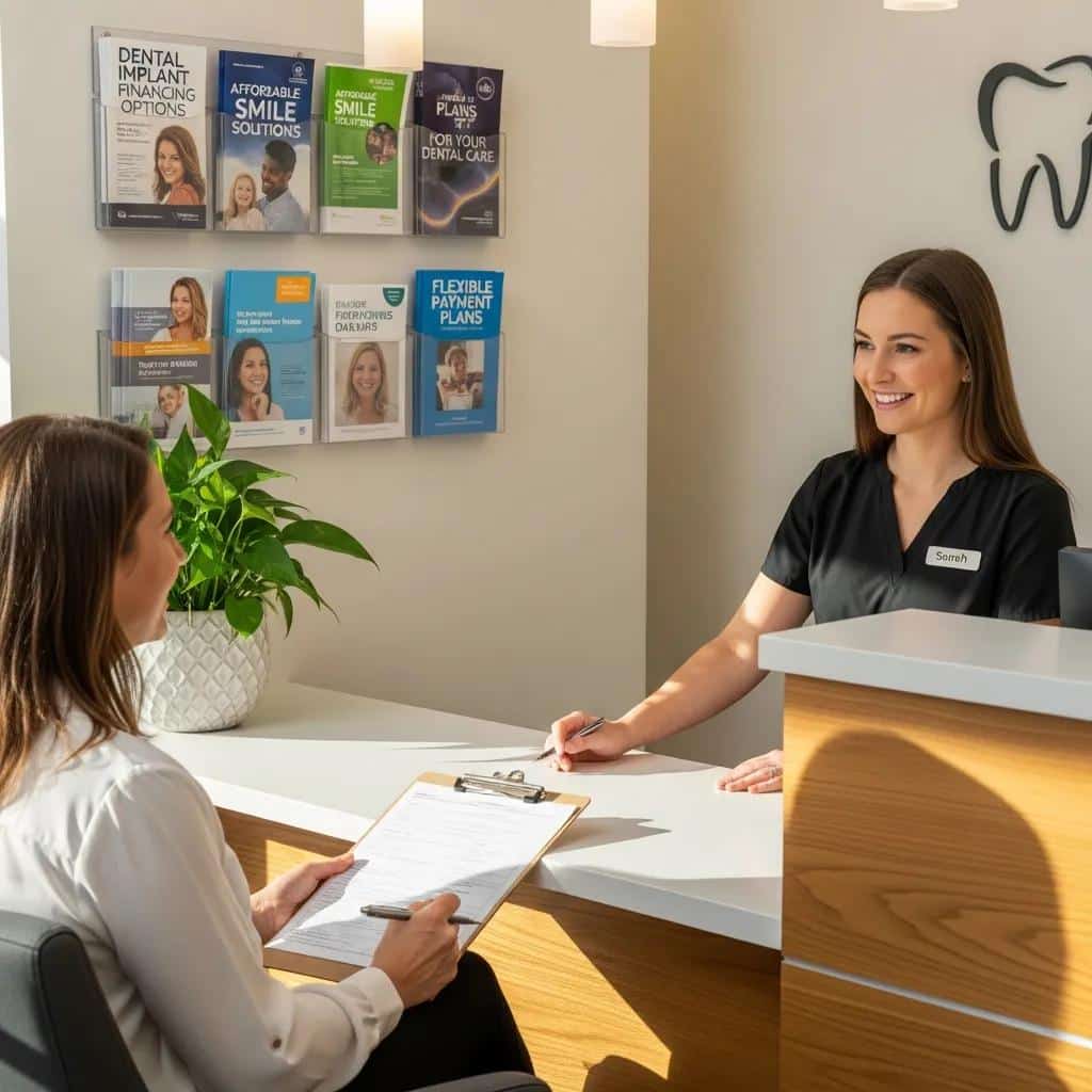 Dental clinic reception with staff assisting a patient about financing options