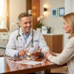 Dental clinic scene with a dentist explaining dental implant options to a patient