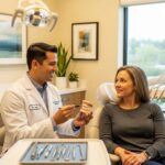 Dental consultation scene with a dentist and patient discussing dental implants