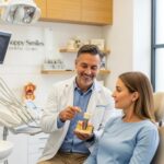 Dental consultation scene with a dentist explaining dental implants to a patient in a welcoming clinic