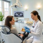 Dental consultation with a patient discussing dental implants in a welcoming clinic