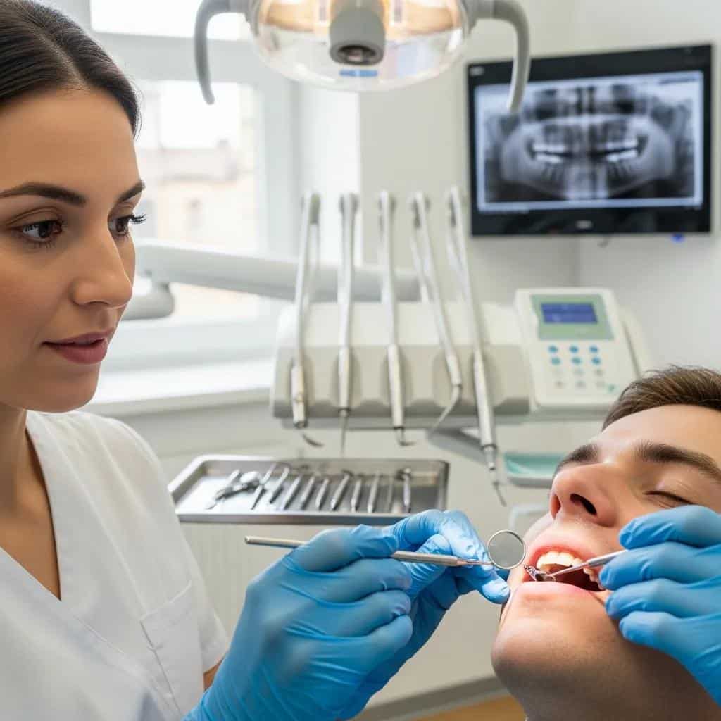 Dental hygienist examining a patient's dental implants during a follow-up visit