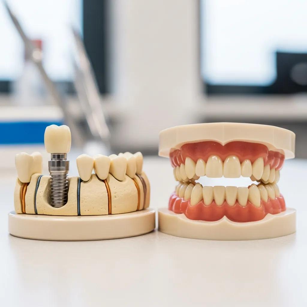 Dental implant model and dentures on a dental office desk, illustrating average costs