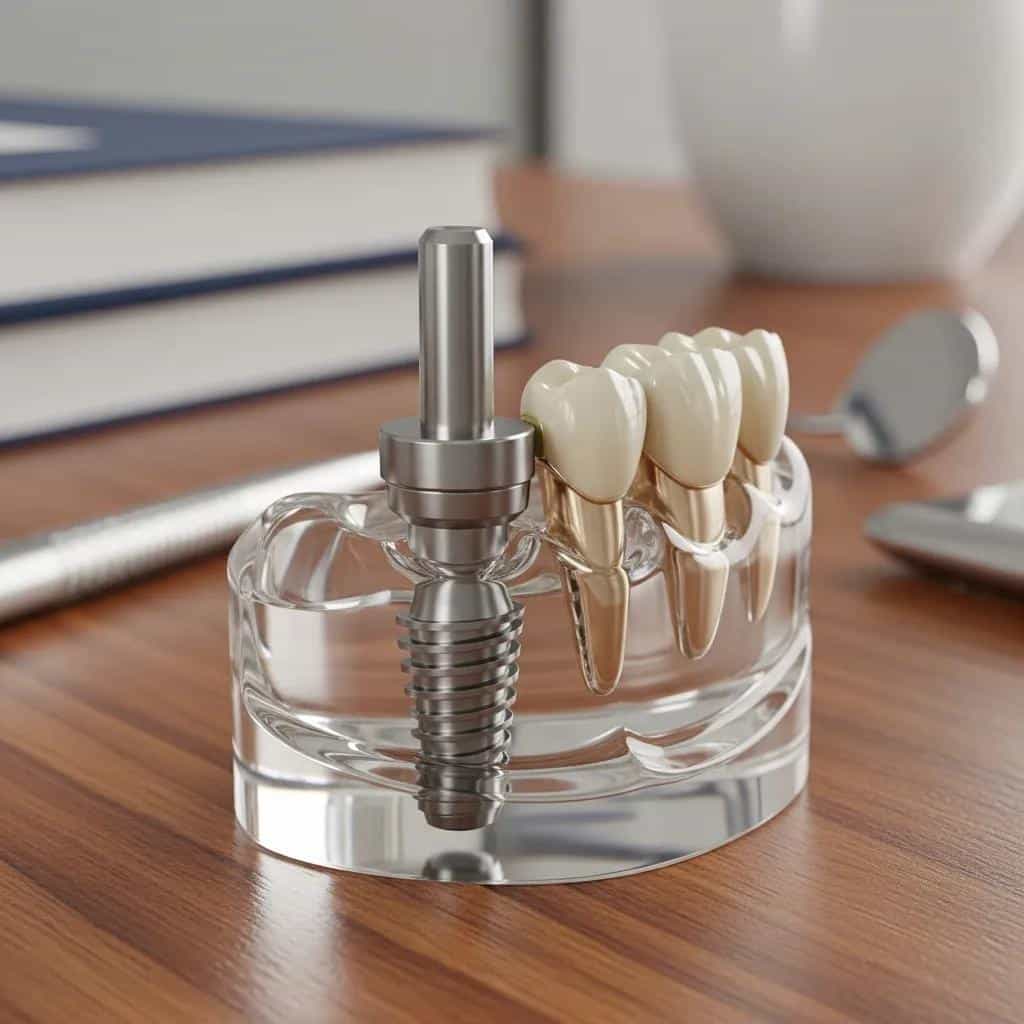 Dental implant model highlighting components on a professional desk