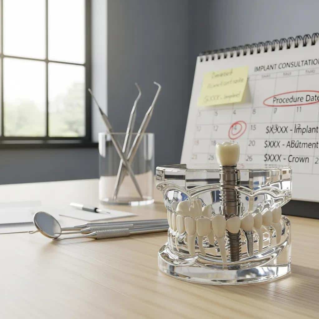 Dental implant model on a desk with tools, illustrating the average costs of dental implants