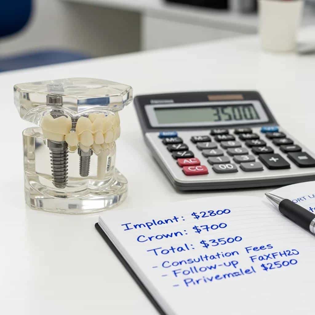 Dental implant model with calculator and notes illustrating cost breakdown