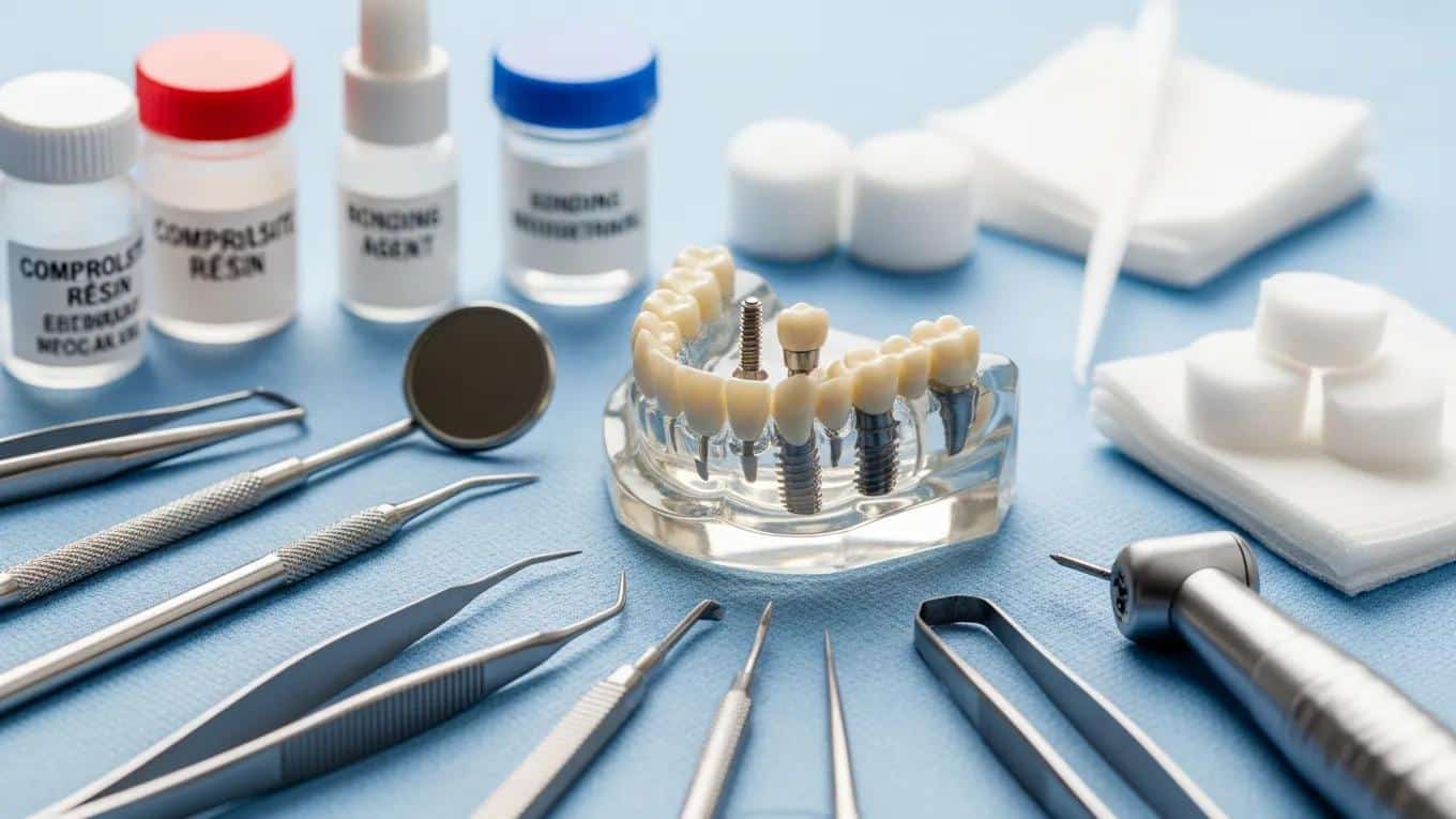 Dental implant model with tools representing cost components of the procedure