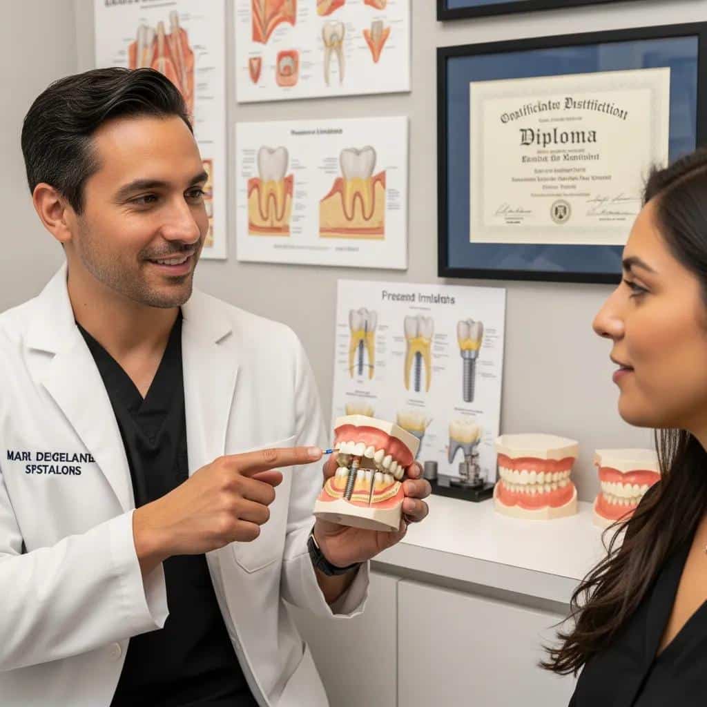 Dental implant specialist explaining qualifications with a model in a clinic