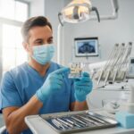 Dental implant surgeon examining a model in a modern clinic