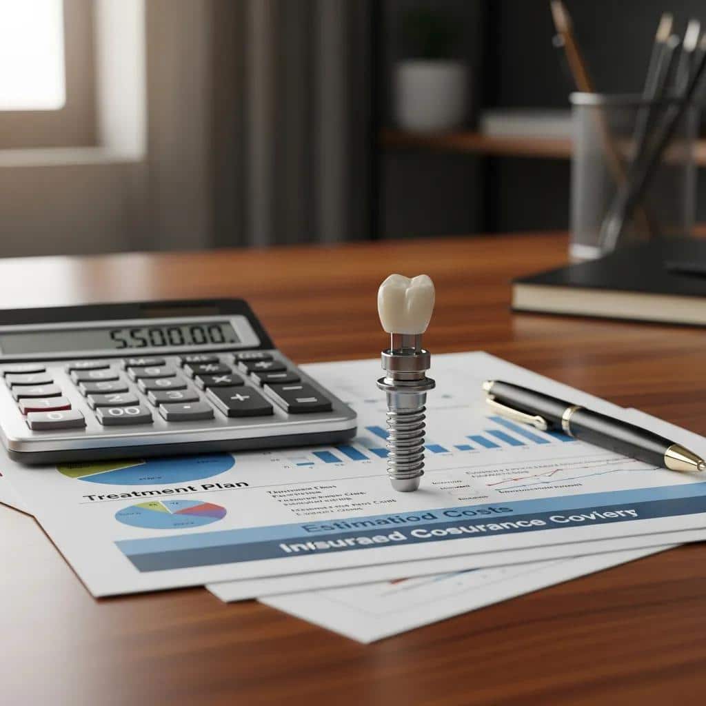 Dental implant with calculator and financial documents representing cost considerations