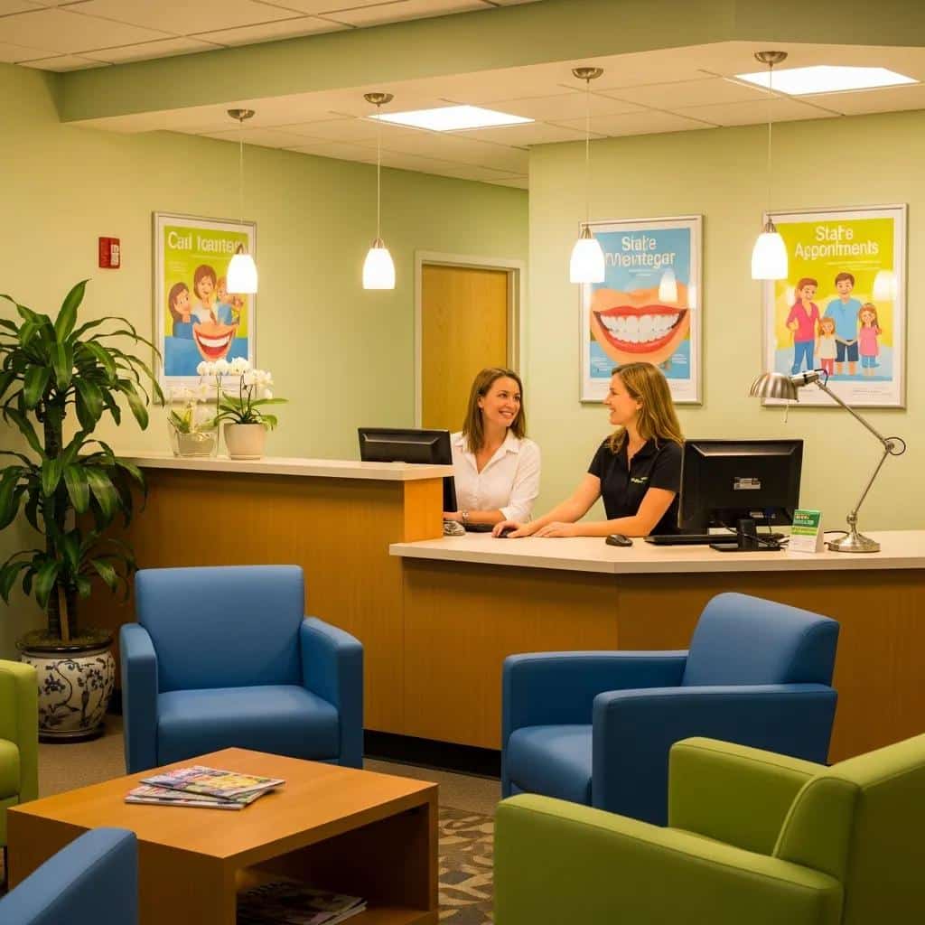 Dental office reception with a receptionist scheduling an appointment for a patient