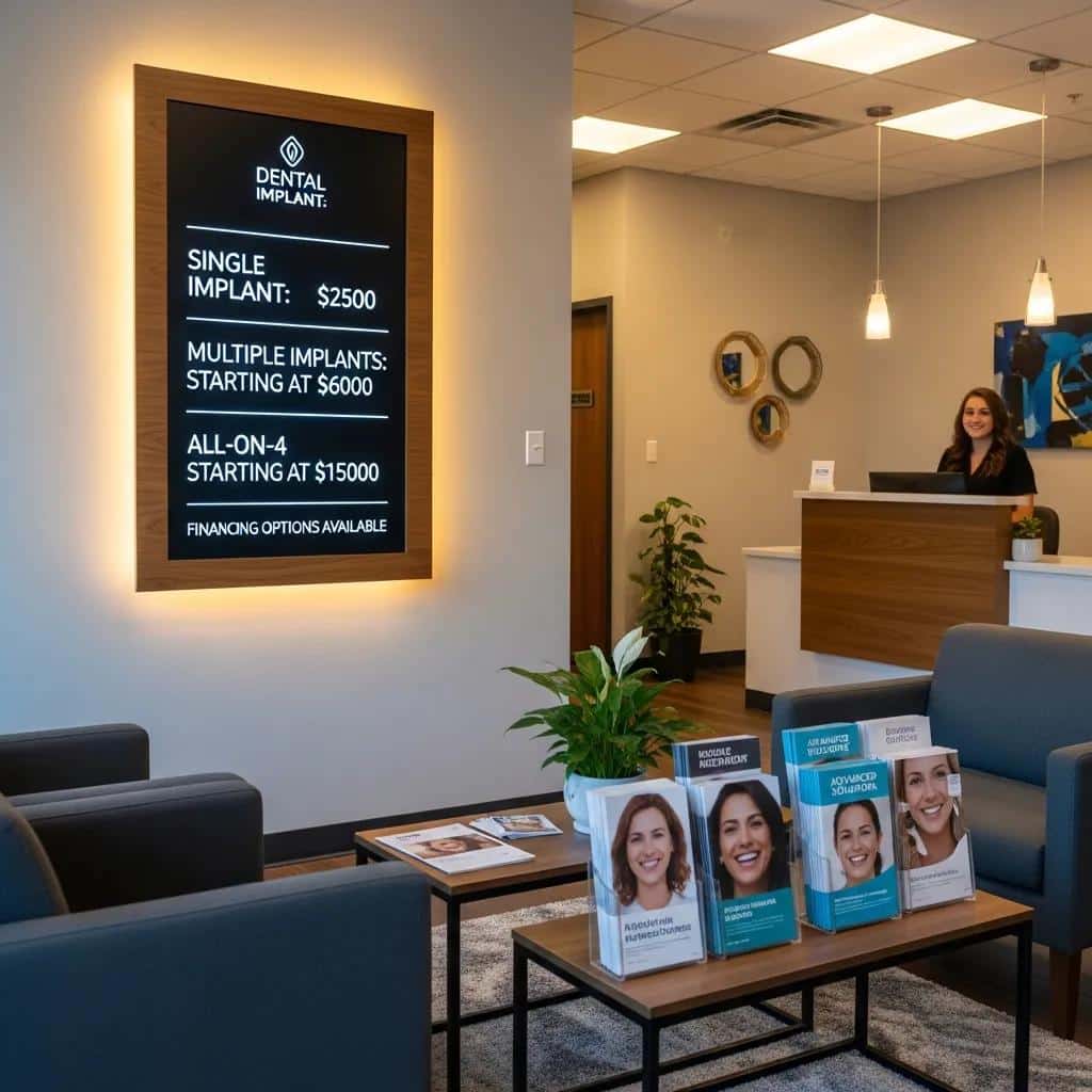 Dental office reception with price list for dental implants and brochures