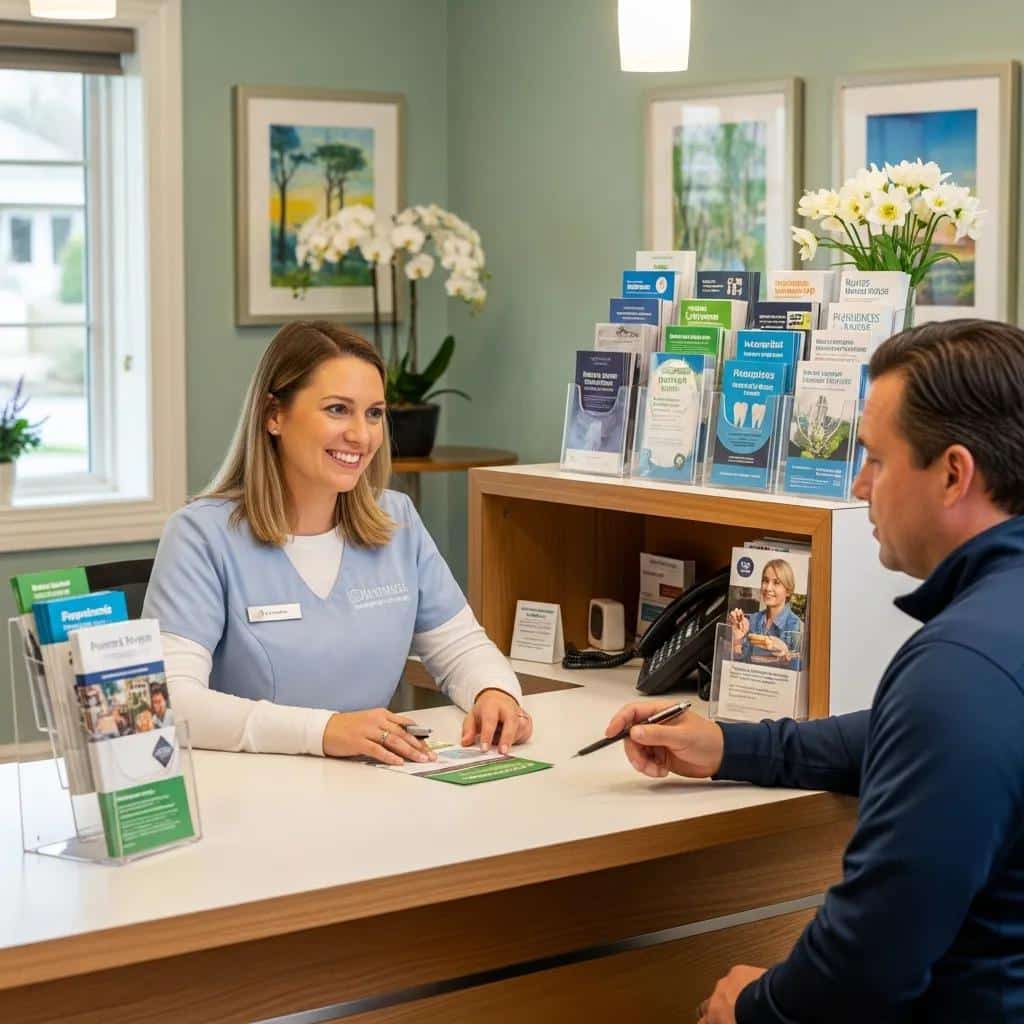 Dental office staff explaining financing options for dental implants to a patient