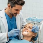 Dental professional consulting with a patient about dental implants in a modern clinic