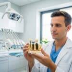 Dental professional examining a dental implant model in a modern dental office